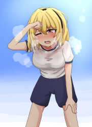 Rule 34 | 1girl, amamitsu9, arm up, bent over, blonde hair, blue sky, blush, bra visible through clothes, breasts, breath, commentary, eyelashes, gym uniform, hair between eyes, hairband, hand on forehead, hand on own thigh, heavy breathing, highres, higurashi no naku koro ni, houjou satoko, medium breasts, one eye closed, open mouth, outdoors, pink eyes, see-through, see-through shirt, shirt, short sleeves, shorts, sky, solo, sweat, sweaty clothes, t-shirt