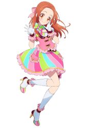 Rule 34 | 1girl, absurdres, aikatsu! (series), aikatsu on parade!, full body, gloves, high heels, highres, kneehighs, long hair, multicolored clothes, multicolored footwear, multicolored skirt, official art, otoshiro noel, puffy sleeves, red eyes, red hair, short sleeves, simple background, skirt, smile, socks, solo, white background, white socks
