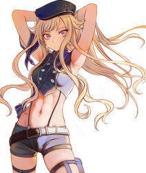 Rule 34 | 1girl, absurdres, armband, armpits, arms behind head, arms up, bad id, bad pixiv id, belt, belt buckle, beret, black hat, black shorts, blonde hair, blush, buckle, closed mouth, cowboy shot, crop top, hat, highres, himehina channel, long hair, looking at viewer, navel, purple eyes, short shorts, shorts, simple background, skindentation, sleeveless, solo, stomach, suspended congress, suzuki hina, thigh strap, toned, very long hair, virtual youtuber, white background, z.boat