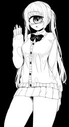 Rule 34 | 1girl, :o, azen (mntimcczgrtn), black background, blush, bow, bowtie, cyclops, fang, greyscale, hand up, highres, long hair, long sleeves, looking at viewer, miniskirt, monochrome, one-eyed, original, parted lips, school uniform, simple background, skin fang, skirt, sleeves past wrists, solo, twintails