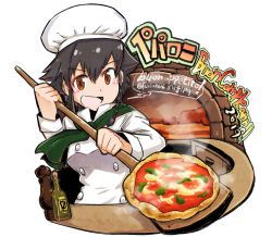 Rule 34 | 1girl, bad id, bad pixiv id, black hair, bottle, braid, brown eyes, chef, chef hat, food, girls und panzer, hat, neckerchief, open mouth, oven, peel (tool), pepper shaker, pepperoni (girls und panzer), pizza, short hair, smile, solo, steam, tsukasa-emon, twitter username