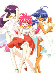 Rule 34 | 1990s (style), 3girls, :o, aqua eyes, arms up, ass, bag, baguette, bare legs, blue hair, blue panties, bread, cacao (lamune), checkered clothes, checkered panties, crotch seam, dark-skinned female, dark skin, dress, earrings, food, grocery bag, ice cream cone, jewelry, layered skirt, long hair, multiple girls, official art, one eye covered, open mouth, panties, parfait (lamune), pink eyes, pink hair, pink panties, purple hair, retro artstyle, shopping bag, simple background, skirt, spaghetti strap, striped clothes, striped panties, sundress, underwear, vertical stripes, vs knight lamune &amp; 40 fresh, white background, white panties, wind, wind lift