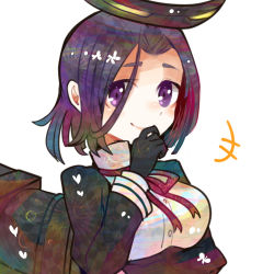 Rule 34 | 10s, 1girl, black gloves, blush, gloves, halo, hand on own chin, itomugi-kun, kantai collection, long sleeves, looking at viewer, mechanical halo, personification, purple eyes, purple hair, smile, solo, tatsuta (kancolle), upper body, white background