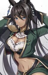 Rule 34 | 1girl, absurdres, animal ears, black hair, blue eyes, breasts, cleavage, commentary request, dark skin, green jacket, hair between eyes, highres, horse ears, jacket, large breasts, long hair, long sleeves, midriff, mino (mii mt), navel, open clothes, open jacket, solo, stomach, symboli kris s (umamusume), umamusume, upper body, very long hair, white background