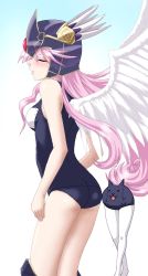 Rule 34 | 1girl, 1other, :3, angel wings, ass, blue one-piece swimsuit, blue school swimsuit, blush, closed eyes, from behind, hayashiya zankurou, helmet, highres, long hair, nyanko daisensou, old school swimsuit, one-piece swimsuit, parted lips, pink hair, school swimsuit, sexy legs cat, swimsuit, swimsuit on head, valkyrie cat, what, wings