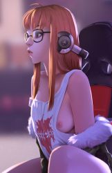 Rule 34 | 1girl, absurdres, bare shoulders, breast slip, breasts, camisole, from side, fur trim, glasses, headphones, highres, jacket, lips, long hair, nipple slip, nipples, no bra, off-shoulder jacket, off shoulder, one breast out, orange hair, parted lips, persona, persona 5, sakura futaba, sidelocks, sitting, small breasts, solo, strap slip, thatpersonaguy