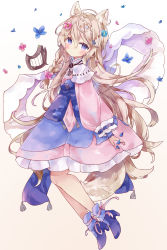 Rule 34 | 1girl, absurdres, animal ears, blue flower, blue footwear, blush, braid, brown background, brown hair, closed mouth, commentary, dress, flower, from side, gradient background, hair between eyes, hair flower, hair ornament, harp, high heels, highres, instrument, long hair, long sleeves, looking at viewer, looking to the side, original, petals, pink dress, pink flower, puffy long sleeves, puffy sleeves, purple eyes, shoes, solo, symbol-only commentary, thick eyebrows, tsukiyo (skymint), very long hair, white background