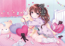 Rule 34 | 1girl, absurdres, bed, blush, bow, braid, child, copyright request, feet, hair bow, heart, highres, indoors, kona (canaria), long hair, looking at viewer, no shoes, phone, pillow, solo, stuffed animal, stuffed toy, toeless legwear, toes, twin braids, v