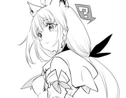 Rule 34 | 1girl, ?, ahoge, animal ears, bow, braid, breasts, commentary, detached sleeves, earrings, fox ears, fox girl, greyscale, hair between eyes, hair bow, hololive, hood, hoodie, jewelry, kurose kousuke, long hair, looking at viewer, looking back, low ponytail, monochrome, neckerchief, shirakami fubuki, shirakami fubuki (1st costume), sidelocks, simple background, single braid, small breasts, solo, spoken question mark, symbol-only commentary, upper body, virtual youtuber, white background