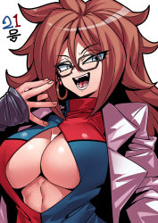 Rule 34 | 1girl, android 21, blue eyes, breasts, brown hair, cleavage cutout, clothing cutout, dragon ball, dragon ball fighterz, dress, earrings, glasses, highres, hoop earrings, jewelry, lab coat, large breasts, laughing, long hair, long sleeves, open mouth, simple background, smile, solo, tukiwani, white background