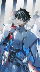 Rule 34 | 1boy, :|, armor, black hair, blue eyes, blue flower, blue petals, cape, charlemagne (fate), closed mouth, commentary request, expressionless, fate/extella, fate/extella link, fate/extra, fate/grand order, fate (series), flower, highres, k7 (kk7 000), knight, long sleeves, looking away, male focus, multicolored hair, official alternate costume, pants, petals, short hair, solo focus, sword, two-tone hair, weapon, white armor, white cape, white hair