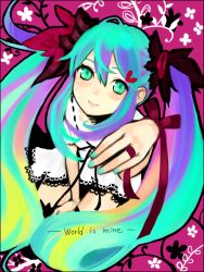 Rule 34 | 1girl, bad id, bad pixiv id, green eyes, green hair, hatsune miku, long hair, matching hair/eyes, solo, tan (tangent), ted (artist), thighhighs, twintails, very long hair, vocaloid, world is mine (vocaloid)