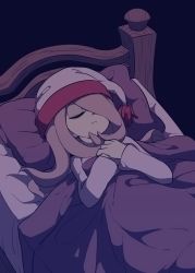 Rule 34 | 10s, 1girl, bed, dark, dress, closed eyes, hair over one eye, hat, ica tm, little witch academia, long hair, pale skin, pink hair, purple hair, simple background, sleeping, solo, sucy manbavaran, witch