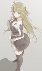 Rule 34 | 1girl, ahoge, black footwear, black thighhighs, blonde hair, breasts, brown dress, brown necktie, collared dress, commentary request, dress, duel monster, eyebrows hidden by hair, from above, full body, green eyes, grey background, hair between eyes, hair ribbon, hand up, highres, long hair, long sleeves, looking at viewer, medium breasts, necktie, ribbon, shadow, shoes, short dress, sidelocks, simple background, sky striker ace - raye, smile, solo, standing, thighhighs, tsumayouji (dekosoko), twisted torso, two-tone dress, white dress, yu-gi-oh!, zettai ryouiki