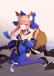 Rule 34 | 10s, 1girl, animal ears, blue thighhighs, breasts, cleavage, collarbone, detached sleeves, fate/extra, fate/extra ccc, fate/grand order, fate (series), fox ears, fox tail, hair ribbon, highres, japanese clothes, large breasts, looking at viewer, pink hair, ribbon, sitting, solo, tail, tamamo no mae (fate/extra), thighhighs, yellow eyes, yingji (zszero)