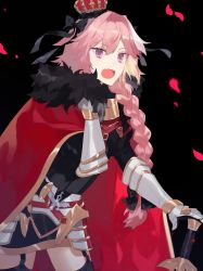 Rule 34 | 1boy, :d, armor, astolfo (fate), black background, black bow, black shirt, black skirt, black thighhighs, bow, braid, buckle, cherry blossoms, cloak, commentary request, cowboy shot, crown, fang, fate/apocrypha, fate (series), faulds, from side, fur-trimmed cloak, fur collar, fur trim, garter straps, gauntlets, gold trim, gorget, hair bow, hair intakes, hair over shoulder, hand up, highres, holding, holding sword, holding weapon, horn (instrument), legs apart, long hair, long sleeves, looking at viewer, looking to the side, male focus, mini crown, miniskirt, multicolored hair, open mouth, parted bangs, pink hair, puffy long sleeves, puffy sleeves, purple eyes, red cloak, shirt, shuukenyuu, simple background, single braid, skirt, smile, solo, standing, streaked hair, sword, thighhighs, trap, turtleneck, two-tone hair, weapon, white hair