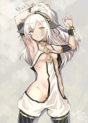 Rule 34 | 1girl, animal ears, areola slip, armband, armpits, artist name, black collar, black hairband, bosshi, breasts, chain, character request, collar, copyright request, cuffs, groin, hairband, high ponytail, highres, hip bones, lying, on back, orange eyes, petite, revealing clothes, ribs, shackles, signature, small breasts, solo, white hair