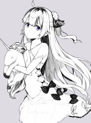 Rule 34 | 1girl, ahoge, azur lane, bare shoulders, blush, bow, closed mouth, collarbone, criss-cross halter, detached sleeves, dress, grey background, greyscale, hai ookami, hair bun, hair ribbon, halterneck, long hair, long sleeves, looking at viewer, looking to the side, monochrome, hugging object, one side up, purple eyes, ribbon, side bun, simple background, single hair bun, single side bun, solo, spot color, stuffed animal, stuffed pegasus, stuffed toy, stuffed unicorn, stuffed winged unicorn, unicorn (azur lane), very long hair