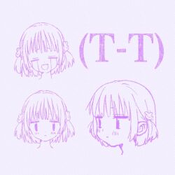 Rule 34 | 1girl, closed mouth, commentary request, crying, ega (ega-519), emoticon, expressions, hair ornament, jitome, light blush, limited palette, looking at viewer, monochrome, open mouth, original, portrait, purple theme, rabbit hair ornament, short hair, simple background, t t, two side up
