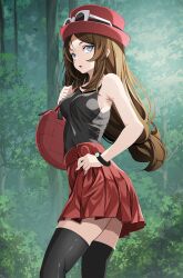 Rule 34 | 1girl, bag, bare arms, black shirt, black thighhighs, blue eyes, bracelet, breasts, brown hair, creatures (company), eyewear on headwear, female focus, forest, from side, game freak, hand on own hip, hat, highres, holding, holding bag, jewelry, long hair, looking at viewer, low-tied long hair, medium breasts, miniskirt, nature, nintendo, open mouth, outdoors, parted bangs, pleated skirt, pokemon, pokemon xy, red hat, red skirt, serena (pokemon), shirt, skirt, sleeveless, sleeveless shirt, solo, standing, sunglasses, thighhighs, tsukishiro saika, very long hair, white-framed eyewear, zettai ryouiki