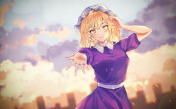 Rule 34 | 1girl, blonde hair, breasts, building, cityscape, cloud, commentary request, dress, dutch angle, expressionless, foreshortening, gradient sky, hand on own head, hat, highres, leaning to the side, lens flare, looking at viewer, maribel hearn, medium breasts, mob cap, outdoors, outstretched hand, purple dress, sash, short hair, short sleeves, shuiwuyue lian, sky, skyscraper, solo, touhou, twilight, upper body, white hat, yellow eyes