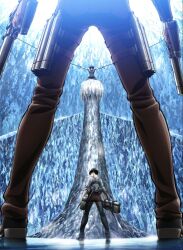 Rule 34 | 3boys, black hair, bound, brown hair, dual wielding, duel, eren yeager, from below, full body, head out of frame, highres, holding, ice crystal, kenny (shingeki no kyojin), leather, levi (shingeki no kyojin), looking back, multiple boys, official art, outstretched arms, pants, perspective, promotional art, shingeki no kyojin, spread arms, textless version