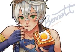 Rule 34 | 1boy, bandaid, bandaid on face, bandaid on nose, bare shoulders, bennett (genshin impact), black gloves, bread slice, character name, egg (food), fingerless gloves, food, food on face, fried egg, fried egg on toast, genshin impact, gloves, goggles, goggles on head, highres, looking at viewer, male focus, short hair, solo, toast, upper body, white hair, xindi