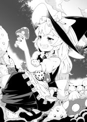Rule 34 | 1girl, absurdres, apron, bare arms, blush, bow, braid, commentary request, day, dress, dutch angle, female focus, full body, greyscale, grin, hair bow, hand up, hat, hat bow, highres, holding, holding mushroom, kirisame marisa, koujouchou, long dress, mary janes, monochrome, mushroom, outdoors, shoes, short sleeves, side braid, single braid, smile, solo, squatting, touhou, waist apron, witch hat