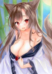 Rule 34 | 1girl, animal ears, breasts, brooch, brown hair, cleavage, dress, highres, imaizumi kagerou, jewelry, large breasts, long hair, long sleeves, natsume nadeshiko, no bra, off-shoulder dress, off shoulder, red eyes, solo, touhou, white dress, wolf ears, wolf girl