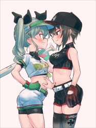 Rule 34 | 2girls, anchovy (girls und panzer), baseball bat, baseball cap, baseball glove, baseball uniform, belt, bike shorts, bike shorts under shorts, black headwear, black ribbon, black shirt, black shorts, blush, breath, brown eyes, brown hair, closed eyes, clothes writing, commentary request, crop top, cross, drill hair, eisu (eith), emblem, from side, girls und panzer, girls und panzer senshadou daisakusen!, gloves, green belt, green gloves, green hair, grey background, grimace, hair ribbon, half-closed eyes, hand on another&#039;s stomach, hand on own hip, hat, heart, highres, holding, holding baseball bat, iron cross, kuromorimine (emblem), long hair, looking at another, midriff, multiple girls, navel, nishizumi maho, over shoulder, partial commentary, print headwear, print shirt, revealing clothes, ribbon, romaji text, shirt, short hair, short sleeves, shorts, simple background, skindentation, sleeveless, sleeveless shirt, smile, sportswear, standing, sweat, thighhighs, translated, twin drills, twintails, visor cap, white headwear, white shirt, white shorts, yuri