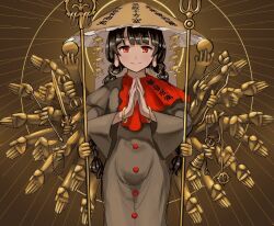 Rule 34 | 1girl, ajirogasa, aoiueo12, black hair, bodhisattva, braid, brown background, brown hat, closed mouth, clothes writing, commentary, dress, earrings, grey dress, hat, jewelry, long earlobes, long hair, looking at viewer, own hands clasped, own hands together, red eyes, smile, solo, staff, standing, touhou, twin braids, yatadera narumi