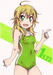Rule 34 | 1girl, ahoge, blonde hair, competition school swimsuit, covered navel, cowboy shot, green eyes, green one-piece swimsuit, hoshii miki, idolmaster, idolmaster (classic), idolmaster 1, long hair, one-piece swimsuit, open mouth, school swimsuit, smile, solo, swimsuit, tommy region, two-tone background, white background, aged down