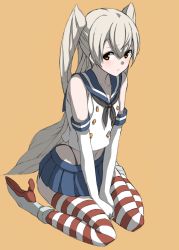 Rule 34 | 1girl, 1ppen4nde3ru, alternate costume, amatsukaze (kancolle), bare shoulders, black panties, boots, collarbone, cosplay, crop top, elbow gloves, eyebrows, gloves, grey hair, highleg, highleg panties, highres, kantai collection, kashiwa (iersansi), looking at viewer, navel, orange background, panties, sailor collar, shimakaze (kancolle), shimakaze (kancolle) (cosplay), simple background, sitting, skirt, sleeveless, solo, striped clothes, striped legwear, striped thighhighs, thighhighs, two side up, underwear, unworn headgear, wariza, white gloves, yellow eyes
