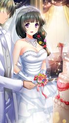 Rule 34 | 1boy, 1girl, :d, black hair, blunt bangs, braid, breasts, cake, cleavage, collarbone, doukyuusei another world, dress, earrings, faceless, faceless male, flower, food, game cg, gloves, hair flower, hair ornament, hair over shoulder, holding, holding knife, indoors, jacket, jewelry, kakyuusei, kamiyama miko, knife, large breasts, layered dress, long dress, long hair, necklace, necktie, official art, open mouth, orange flower, pink flower, pink ribbon, pink rose, purple eyes, red flower, ribbon, rose, single braid, sleeveless, sleeveless dress, smile, solo focus, strapless, strapless dress, vest, wedding, wedding dress, white dress, white gloves, white jacket, white neckwear, white vest, yellow flower