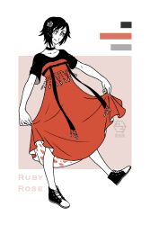 Rule 34 | 1girl, absurdres, black hair, character name, chinese clothes, color guide, dress, fatrabbitr, flower, grey eyes, hair flower, hair ornament, hanfu, highres, limited palette, qixiong ruqun, ruby rose, rwby, shoes, short hair, skirt hold, sneakers, solo, white eyes