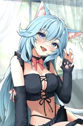 Rule 34 | 1girl, :d, absurdres, animal ear fluff, animal ears, aqua hair, bare shoulders, black bra, black choker, black panties, blue eyes, blue hair, bow, bowtie, bra, breasts, cat ears, choker, claw pose, cleavage, curtains, detached sleeves, fangs, frilled bra, frilled panties, frills, hand up, head tilt, highleg, highres, indie virtual youtuber, indoors, kanase ito, large breasts, lingerie, long hair, long sleeves, looking at viewer, midriff, navel, open mouth, panties, smile, solo, stomach, tate yukimi, thigh strap, tongue, tongue out, underwear, underwear only, very long hair, virtual youtuber, window