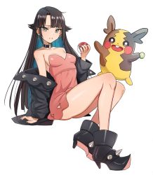Rule 34 | 1girl, absurdres, boots, breasts, choker, collar, cosplay, creatures (company), dress, game freak, gen 8 pokemon, green eyes, highres, jacket, jacket partially removed, kiritzugu, knees up, looking at viewer, marnie (pokemon), marnie (pokemon) (cosplay), mole, mole under eye, morpeko, morpeko (full), nintendo, o-ring, o-ring choker, original, pink dress, pokemon, pokemon swsh, simple background, small breasts, spiked boots, thighs, white background