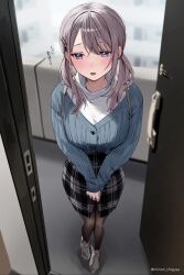 Rule 34 | 1girl, black pantyhose, black skirt, blue cardigan, blue eyes, blurry, blush, breasts, cardigan, chigusa minori, commentary request, depth of field, door, door handle, doorway, full body, grey hair, hair ornament, hairclip, highres, large breasts, long hair, long sleeves, looking at viewer, low twintails, lower teeth only, open mouth, pantyhose, plaid, plaid skirt, saotome shino (shino to ren), shino to ren, shirt, sidelocks, skirt, sleeves past wrists, solo, teeth, translation request, twintails, twitter username, white footwear, white shirt