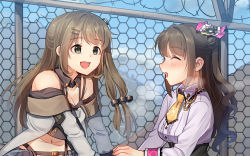 Rule 34 | 2girls, ^ ^, blush, breasts, brown hair, cleavage, closed eyes, collarbone, commission, closed eyes, facing another, fence, girls&#039; frontline, grey eyes, hair bun, hair ornament, hairclip, idolmaster, idolmaster cinderella girls, idolmaster cinderella girls starlight stage, k2 (girls&#039; frontline), kamille (vcx68), large breasts, looking at another, multiple girls, navel, necktie, open mouth, outdoors, shimamura uzuki, single hair bun, smile, thong, yellow neckwear