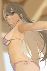 Rule 34 | 1girl, absurdres, armpits, bikini, blue eyes, brown hair, closed mouth, commentary, hair between eyes, highres, icehotmilktea, long hair, looking at viewer, original, outstretched arm, pink bikini, side-tie bikini bottom, smile, solo, swimsuit