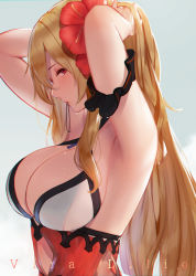Rule 34 | 1girl, armpits, arms up, bikini, blonde hair, blush, breasts, character name, cleavage, commentary request, eyes visible through hair, female focus, flower, from side, granblue fantasy, hair flower, hair ornament, hair tie in mouth, hayabusa (vert 320), highres, large breasts, long hair, looking at viewer, mouth hold, profile, red flower, simple background, slit pupils, solo, swimsuit, tying hair, upper body, vira (granblue fantasy), white bikini