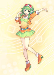 Rule 34 | 1girl, arm up, bare legs, belt, brooch, frilled skirt, frills, full body, goggles, goggles on head, green eyes, green hair, green skirt, green tube top, gumi, gumi (ai megpoid), hand in own hair, hand up, headphones, high heels, highres, jacket, jewelry, layered skirt, looking at viewer, medium hair, nou (nounknown), official art, open mouth, orange footwear, orange jacket, orange skirt, outstretched arm, pleated skirt, red goggles, shirt, sidelocks, skirt, smile, solo, strapless, teeth, third-party source, tube top, upper teeth only, vocaloid, yellow background, yellow shirt