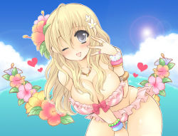 Rule 34 | 00s, 1girl, beach, bikini, black eyes, blonde hair, blush, bracelet, breasts, claymore (series), cleavage, cloud, day, flora (claymore), flower, frills, heart, huge breasts, jewelry, leaning forward, lens flare, one eye closed, open mouth, outdoors, pocopoco, ring, sky, solo, sun, swimsuit, wink