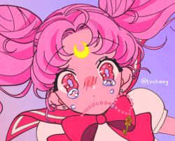 Rule 34 | 1girl, bishoujo senshi sailor moon, blush, chibi usa, closed mouth, cone hair bun, crescent, crescent facial mark, dot mouth, earrings, facial mark, forehead mark, gradient background, hair bun, jewelry, long hair, looking at viewer, myon (tokipi), necklace, parted bangs, pink eyes, pink hair, pink sailor collar, portrait, puffy short sleeves, puffy sleeves, purple background, sailor collar, shirt, short sleeves, solo, tears, twintails, twitter username, white shirt