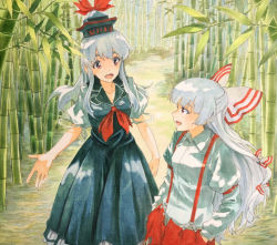 Rule 34 | 2girls, bamboo, bamboo forest, blue hair, bow, dress, eye contact, forest, fujiwara no mokou, hair bow, hands in pockets, hat, kamishirasawa keine, long hair, looking at another, looking to the side, marker (medium), multiple girls, nature, open mouth, outdoors, pants, path, red eyes, road, shiratama (hockey), short sleeves, silver hair, suspenders, talking, touhou, traditional media