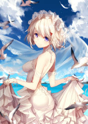 Rule 34 | 1girl, backless dress, backless outfit, bird, bison cangshu, blonde hair, blush, braid, breasts, bridal veil, bride, character request, clothes lift, day, dress, dress lift, eyelashes, hair ornament, hairclip, jewelry, large breasts, looking at viewer, ornate ring, outdoors, purple eyes, ring, seagull, see-through, short hair, smile, solo, veil, warship girls r, wedding dress, wedgie