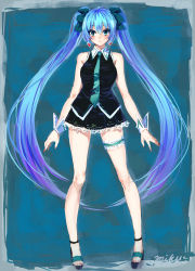 Rule 34 | 1girl, aqua eyes, bad id, bad pixiv id, blue hair, character name, cibo (killy), earrings, full body, hatsune miku, highres, jewelry, bridal garter, long hair, necktie, solo, twintails, very long hair, vocaloid