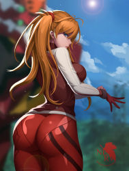 Rule 34 | 1girl, absurdres, ass, ass focus, blue sky, bodysuit, breasts, brown hair, clover7, eva 02, evangelion: 3.0 you can (not) redo, hair between eyes, hand in pocket, highres, huge ass, interface headset, jacket, lips, logo, long hair, looking at viewer, looking to the side, mecha, medium breasts, neon genesis evangelion, nerv, plugsuit, rebuild of evangelion, red bodysuit, robot, shaded face, shiny clothes, simple background, sky, souryuu asuka langley, two side up, very long hair, wide hips
