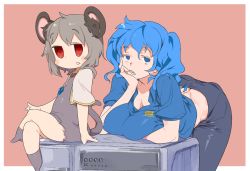 Rule 34 | 2girls, 58.2kg, animal ear fluff, animal ears, best buy, black pants, blue eyes, blue hair, blue shirt, blush, blush stickers, border, breasts, commentary request, cookie (touhou), crystal, dress, dual persona, feet out of frame, full body, grey dress, grey hair, head rest, jewelry, kawashiro nitori, kofji (cookie), large breasts, leaning forward, looking at viewer, medium hair, mouse ears, mouse girl, mouse tail, multiple girls, nazrin, open mouth, outside border, pants, pendant, pink background, printer, red eyes, shirt, short hair, simple background, tail, touhou, two side up, white border