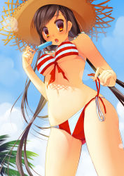 Rule 34 | 1girl, :o, abondz, absurdres, bikini, blush, breasts, brown eyes, brown hair, cloud, day, dripping, dutch angle, from below, front-tie top, hat, highres, lens flare, long hair, medium breasts, navel, original, palm tree, side-tie bikini bottom, sky, solo, straw hat, striped bikini, striped clothes, swimsuit, tree, underboob